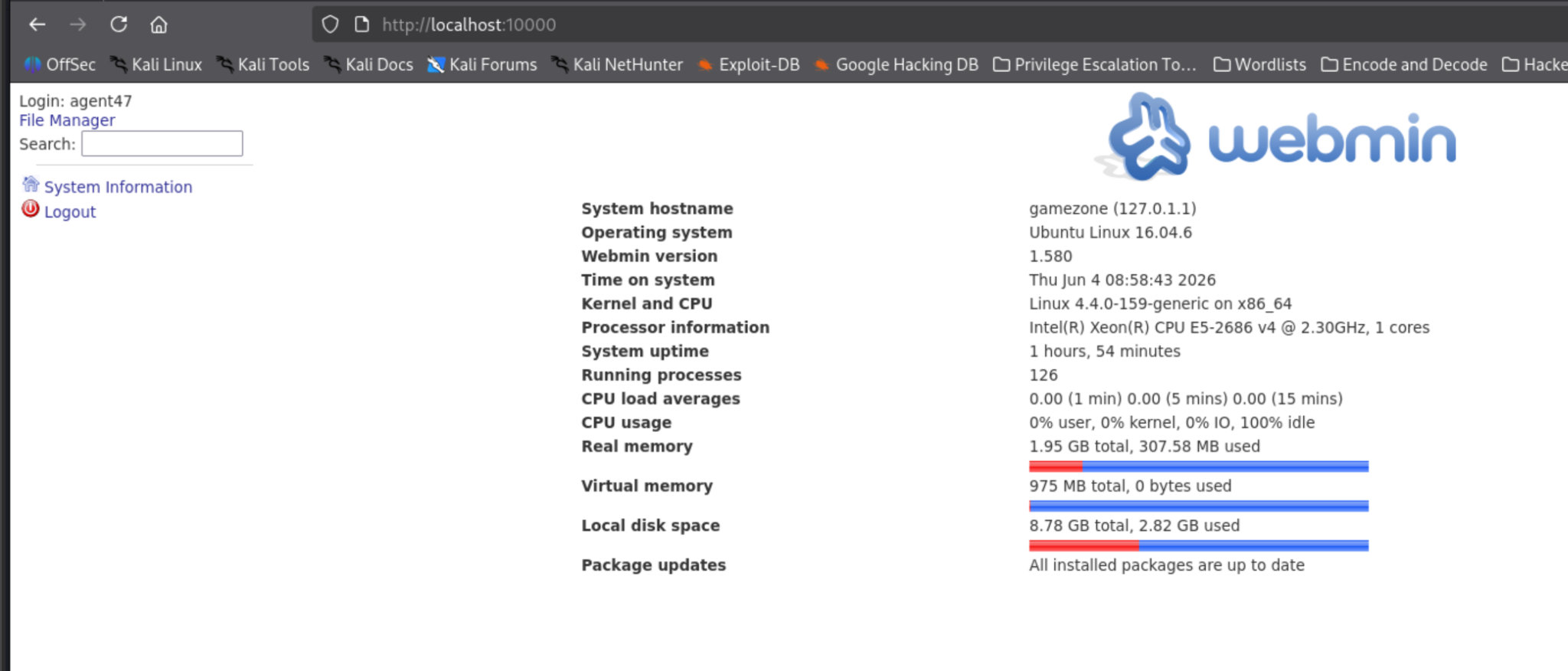 Webmin dashboard logged in as agent47, version 1.580 visible
